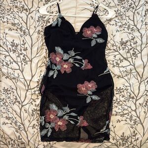 Fashion Nova Black Dress with Pink Floral Embroidery